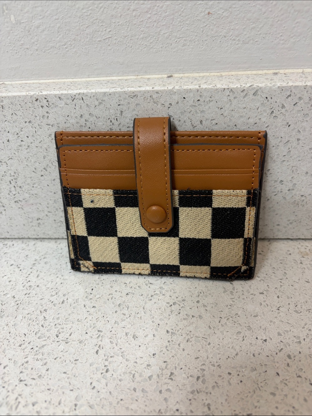 Checkered Canvas Card Holder with Tan Leather Trim